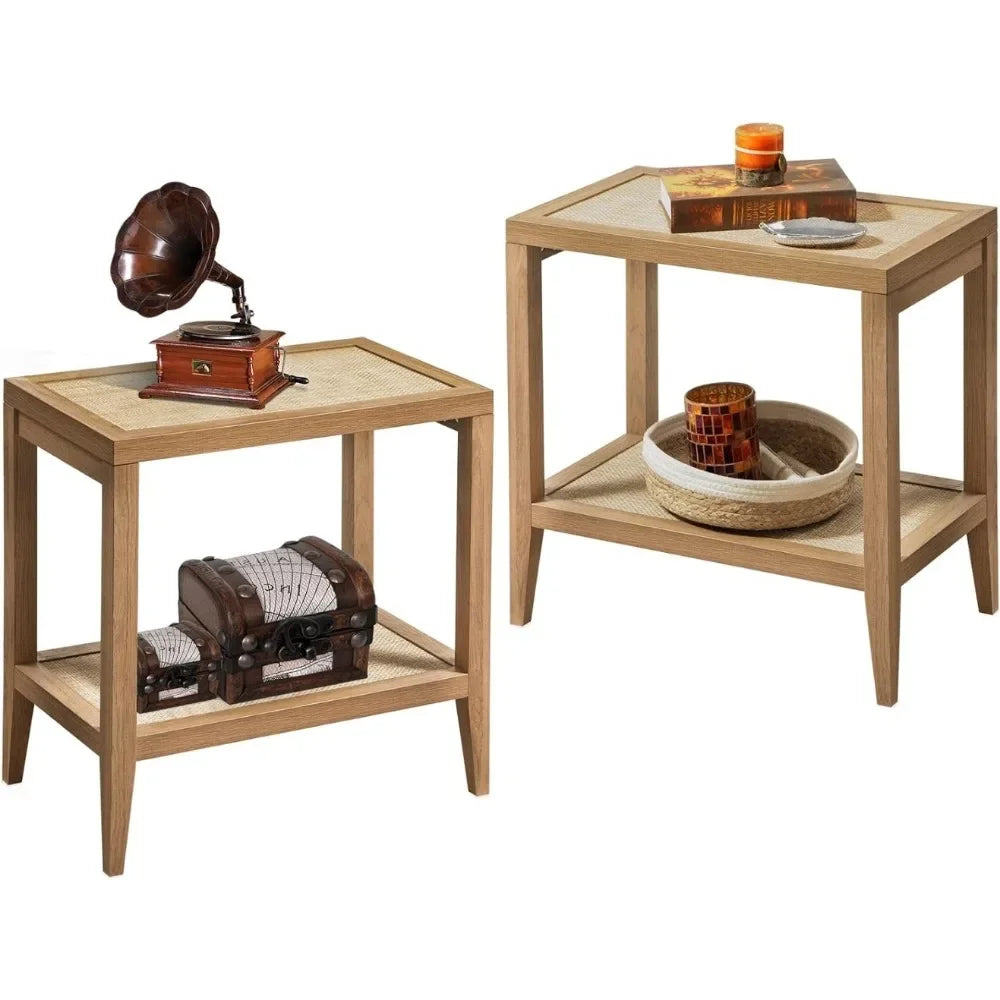 Oak Wood Rattan Nightstand Set