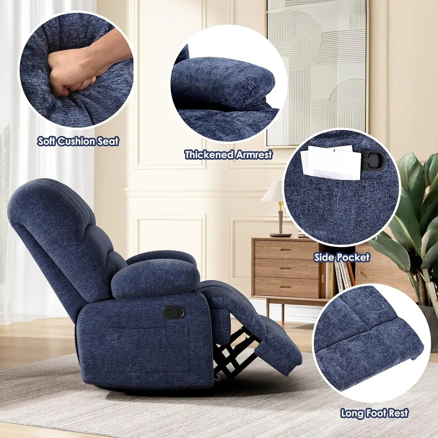 Oversized Swivel Rocker Recliner Chair, Blue