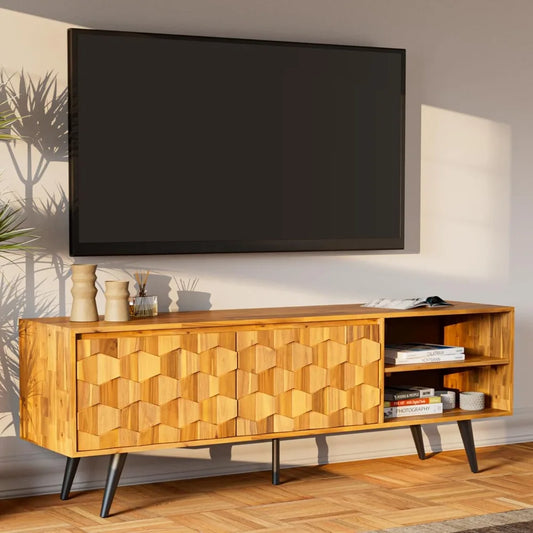 Solid Wood Entertainment Center with Storage Geometric Pattern Console Tv Stand