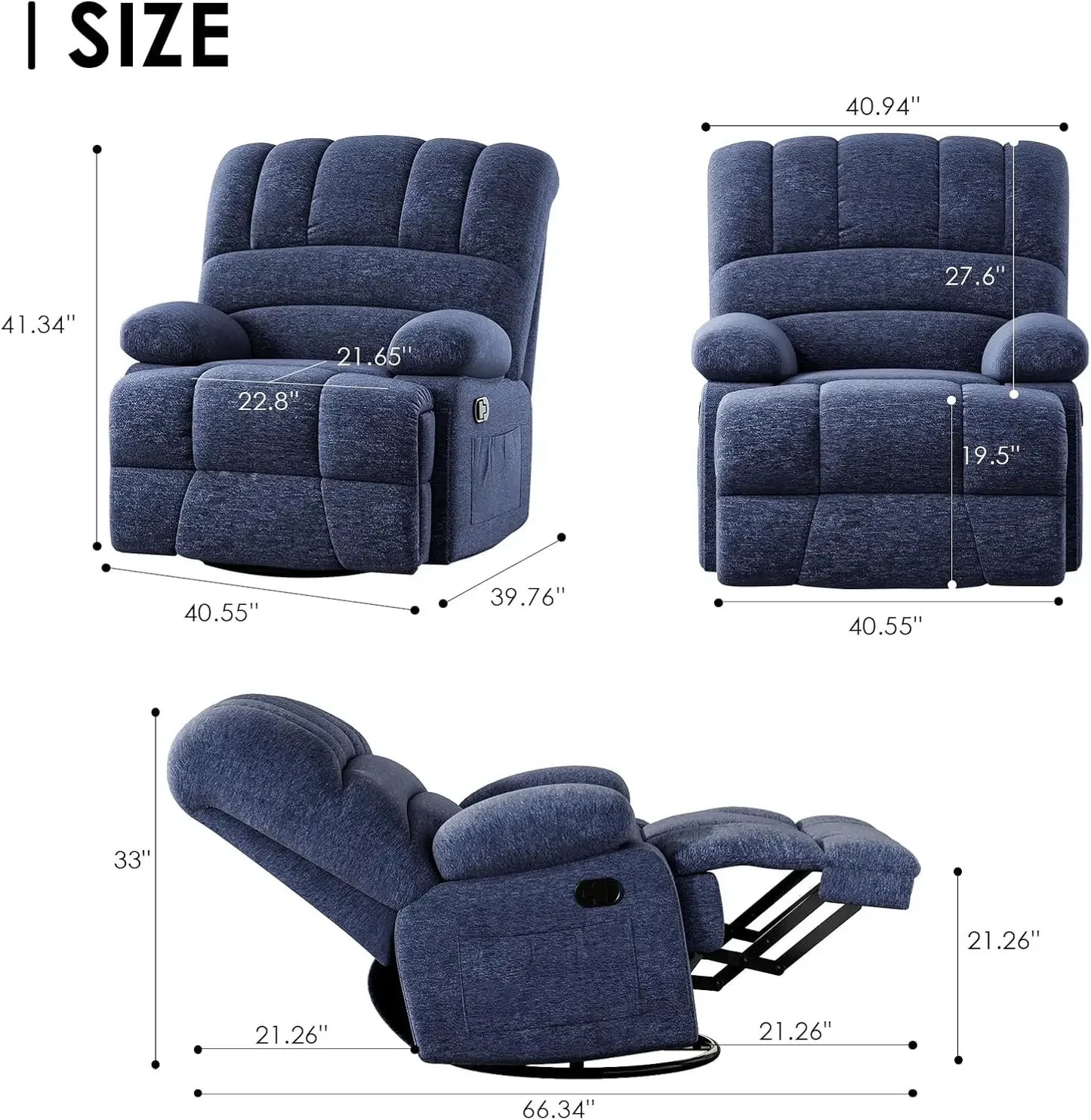 Oversized Swivel Rocker Recliner Chair, Blue