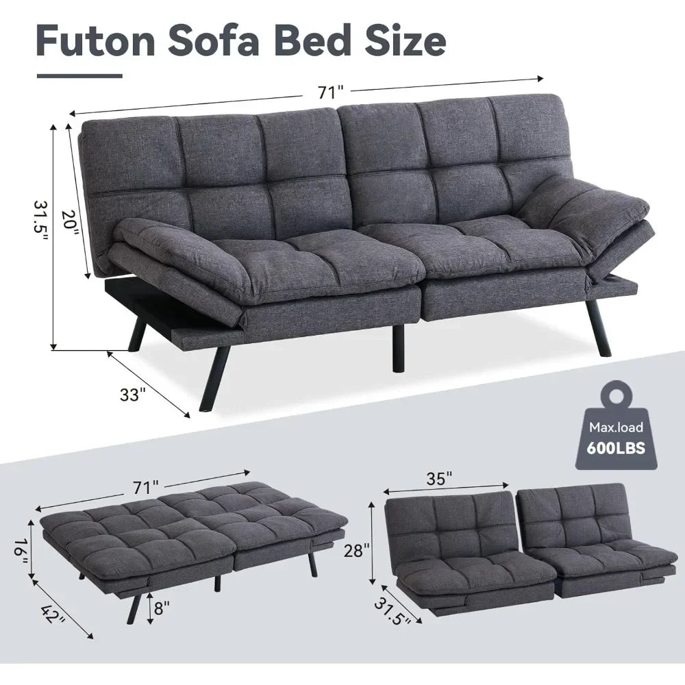 Convertible Memory Foam Futon Sleeper, Medium Gray